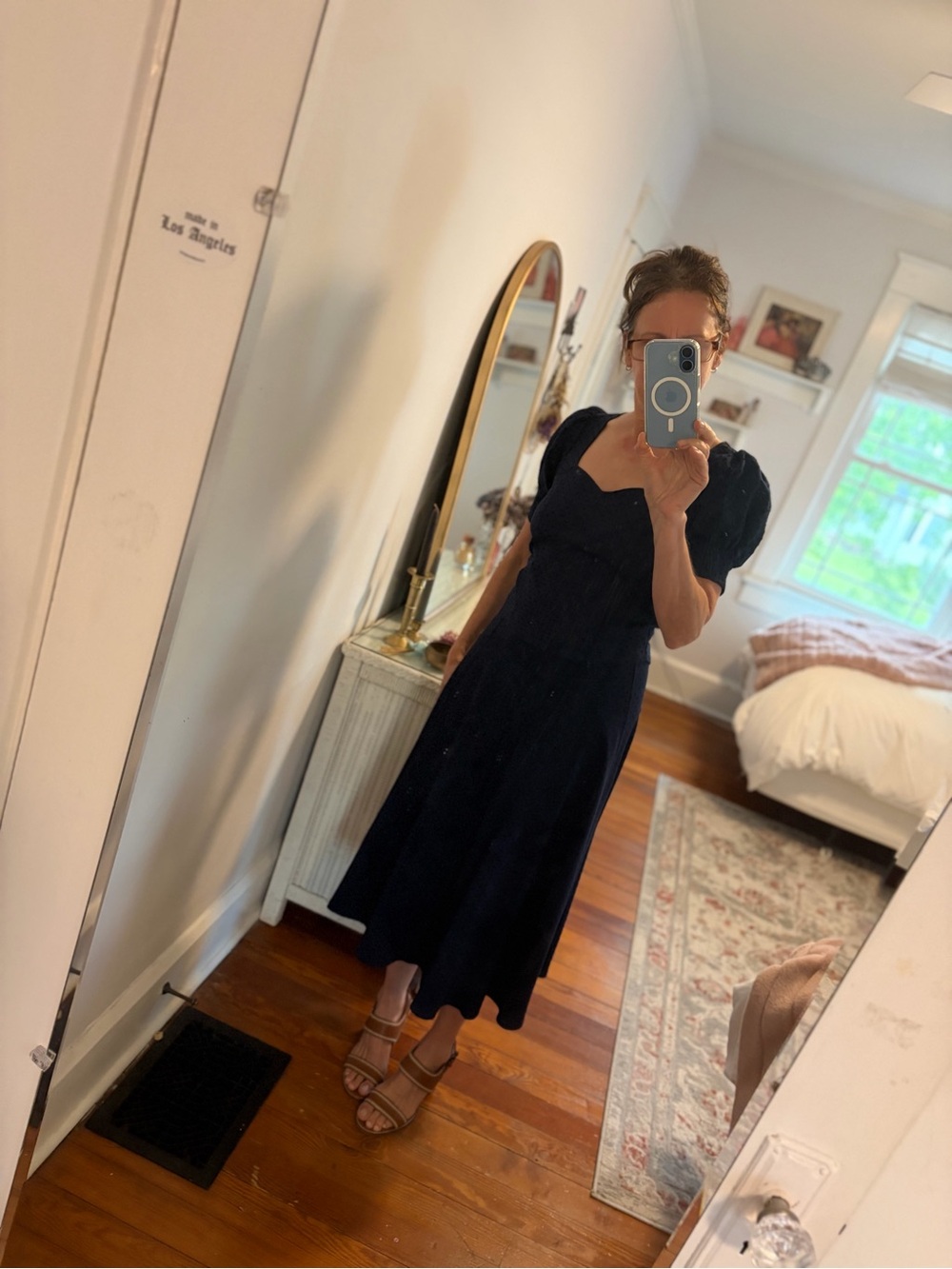 Anthropologie Navy Puff Sleeve Skirt & Blouse
